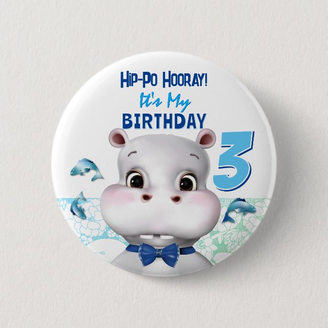 Hippo Blue Fish Boy Birthday 6 Cm Round Badge (Front)