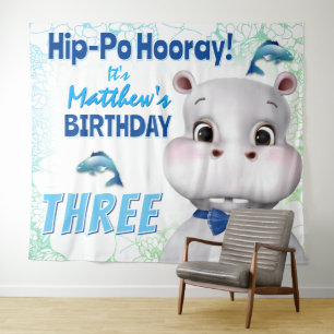 Hippo Blue Fish Boy Birthday Backdrop Tapestry