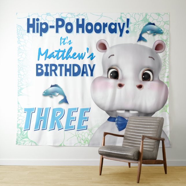 Hippo Blue Fish Boy Birthday Backdrop Tapestry (In Situ (Horizontal))