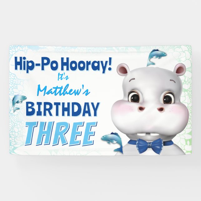 Hippo Blue Fish Boy Birthday Banner (Horizontal)