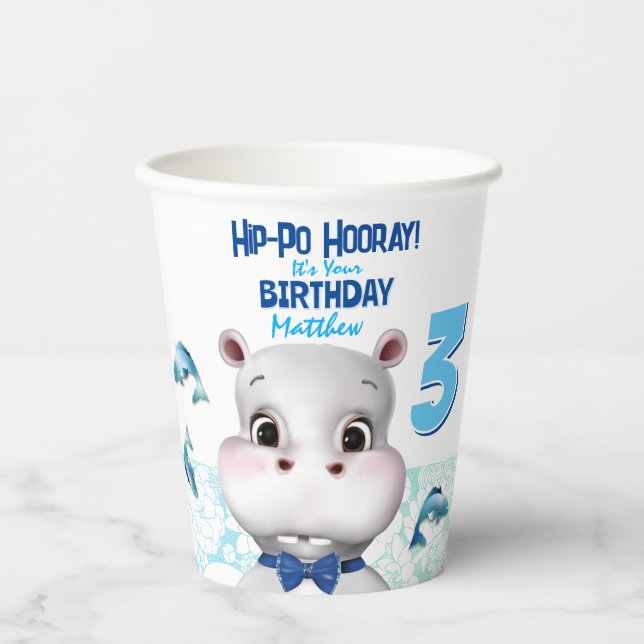 Hippo Blue Fish Boy Birthday Paper Cups (Front)