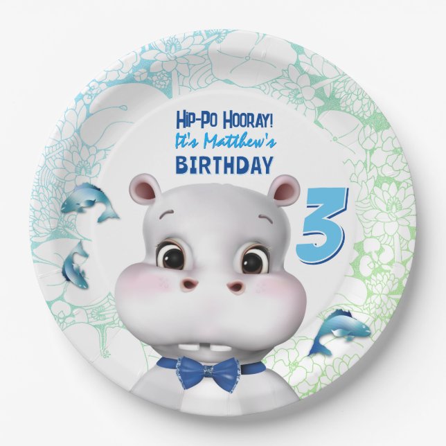 Hippo Blue Fish Boy Birthday Paper Plate (Front)