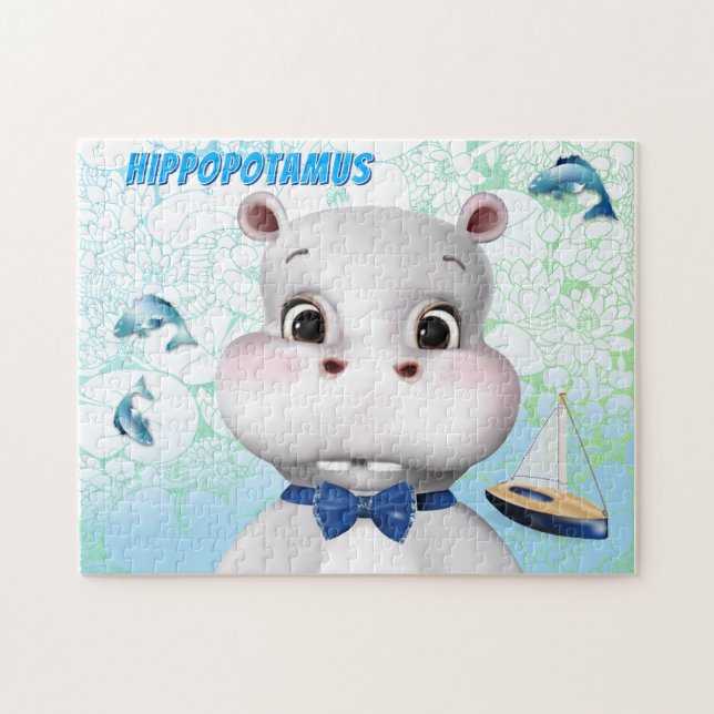 Hippo Blue Fish Kids Jigsaw Puzzle (Horizontal)