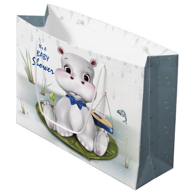 Hippo Boy Baby Shower Large Gift Bag (Front Angled)