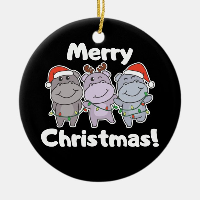 Hippo Christmas Animals Cute Hippos Merry Ceramic  Tree Decoration (Front)