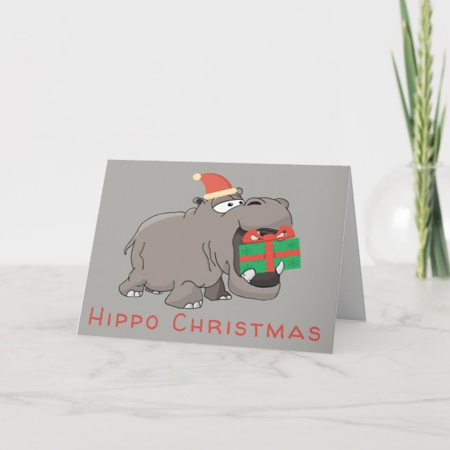 Hippo Christmas Green Gift Holiday Card (Front)