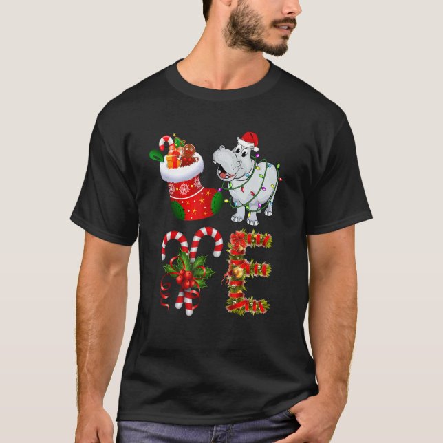 Hippo Christmas Lights Led   Santa Hat Christmas T-Shirt (Front)