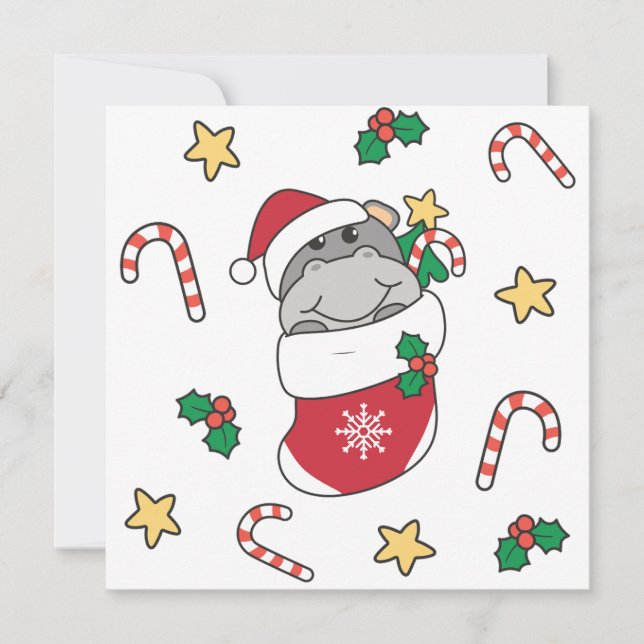 Hippo Christmas Snow Winter Animals Hippos Holiday Card (Front)