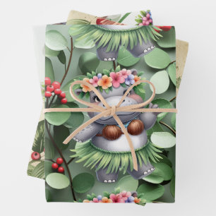 Hippo Christmas Themed for Animal Lovers Wrapping Paper Sheet