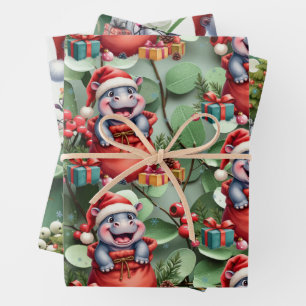 Hippo Christmas Themed for Animal Lovers Wrapping Paper Sheet