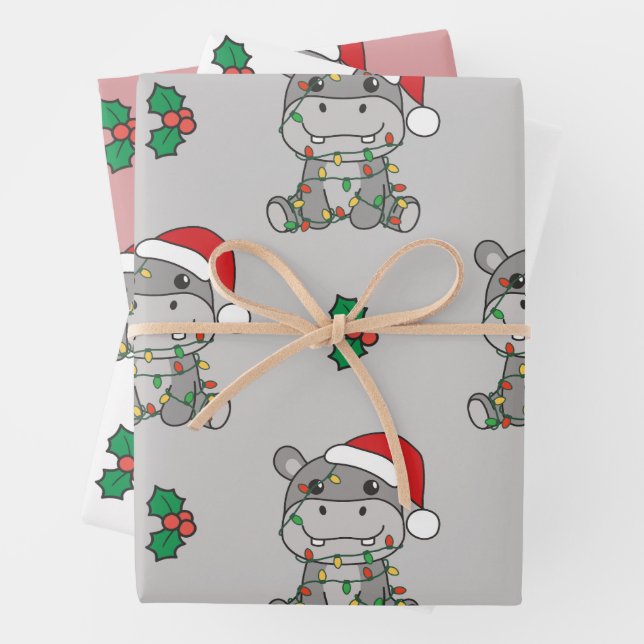 Hippo Christmas Winter Animals Holiday Hippos Wrapping Paper Sheet (In situ)