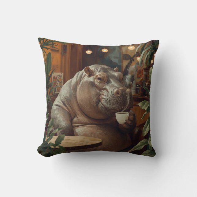 Hippo drinks coffee. Surreal style Cushion (Front)