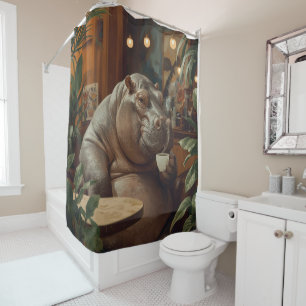 Hippo drinks coffee. Surreal style Shower Curtain
