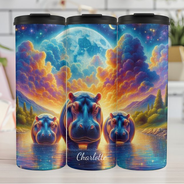 Hippo Family: Cosmic Moonlit Water Journey Thermal Tumbler (Creator Uploaded)