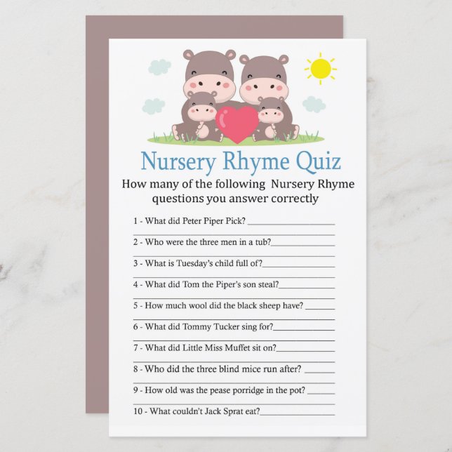 Hippo family Nursery Rhyme Quiz baby shower game (Front/Back)