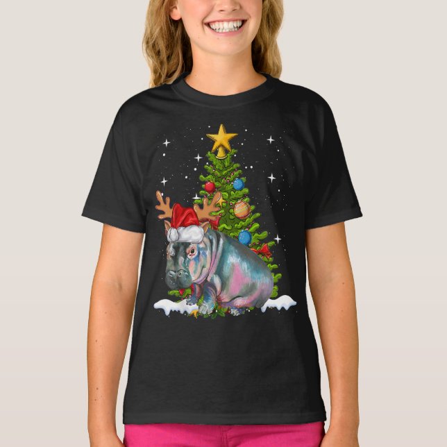 Hippo Fiona Christmas Tree Hippopotamus T-Shirt (Front)