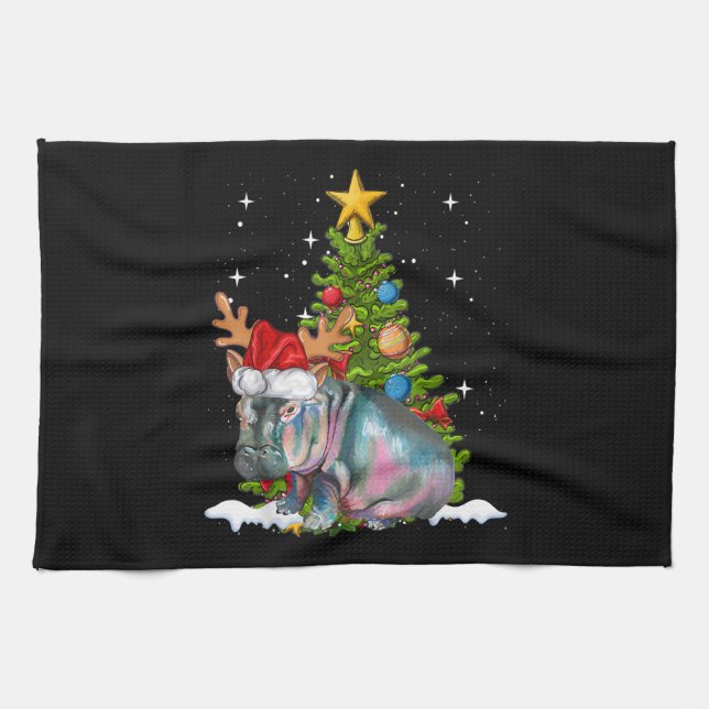 Hippo Fiona Christmas Tree Hippopotamus Tea Towel (Horizontal)