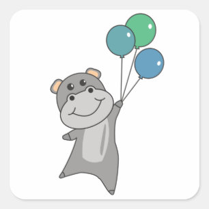 Hippo Flies With Balloons Sweet Animals For Square Sticker
