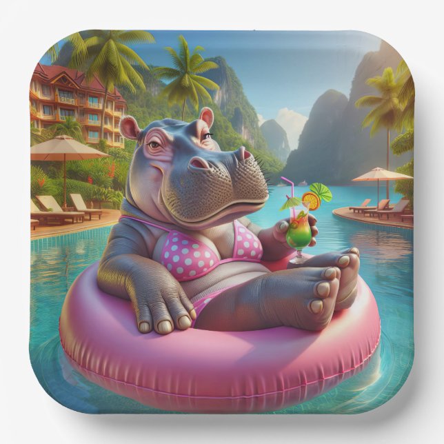 Hippo Floating In A Pool With Cocktail Drink Paper Plate (Front)