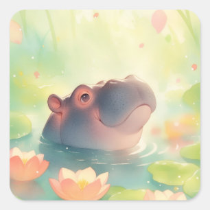 Hippo Floral Pond Hideaway in the Forest Square Sticker