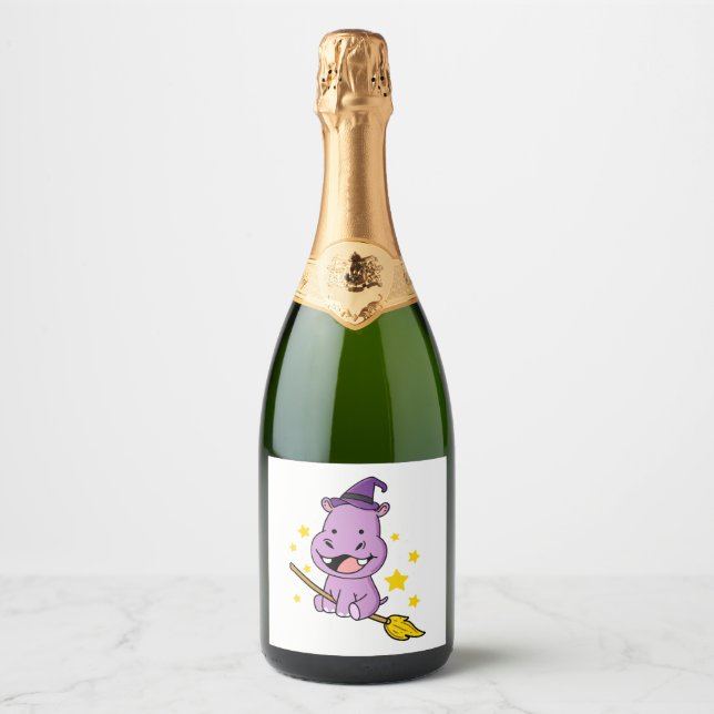 Hippo Halloween Witch For Halloween Sparkling Wine Label (Front)