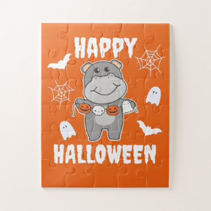 Hippo Happy Halloween Pumpkin Bat Costume Jigsaw Puzzle