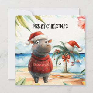 Hippo Hawaii Christmas Greeting  Holiday Card