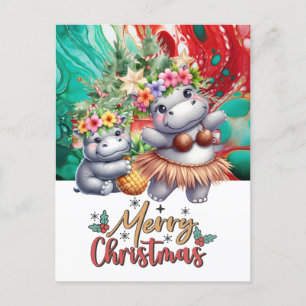 Hippo Hawaii Christmas Greeting Holiday Postcard