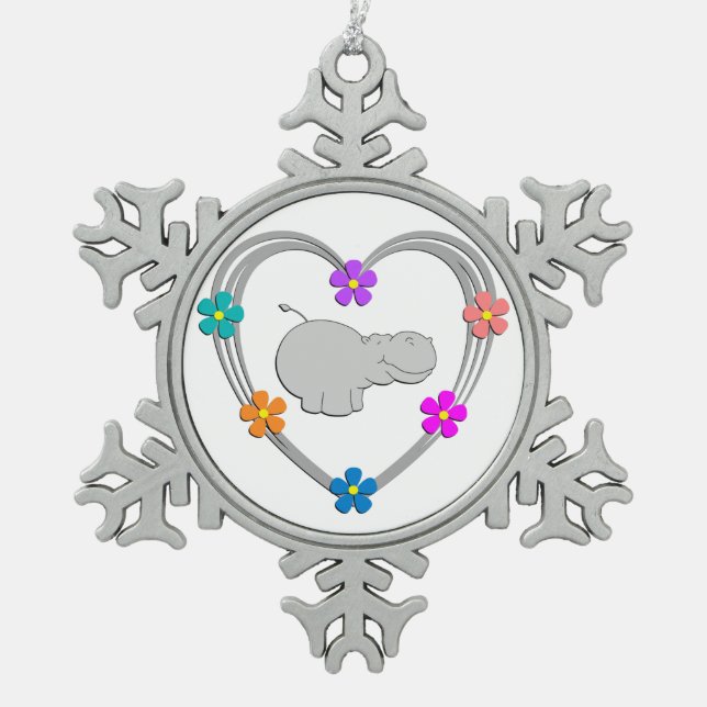 Hippo Heart Snowflake Pewter Christmas Ornament (Front)
