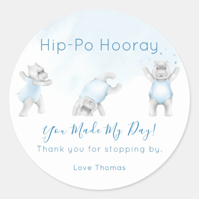 Hippo Hooray Somersault Thank You Classic Round Sticker (Front)