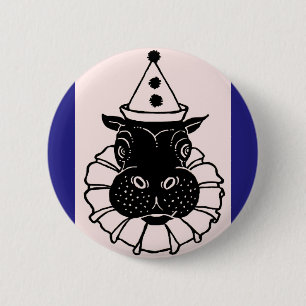 hippo in a party hat 6 cm round badge