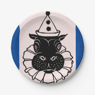 hippo in a party hat paper plate