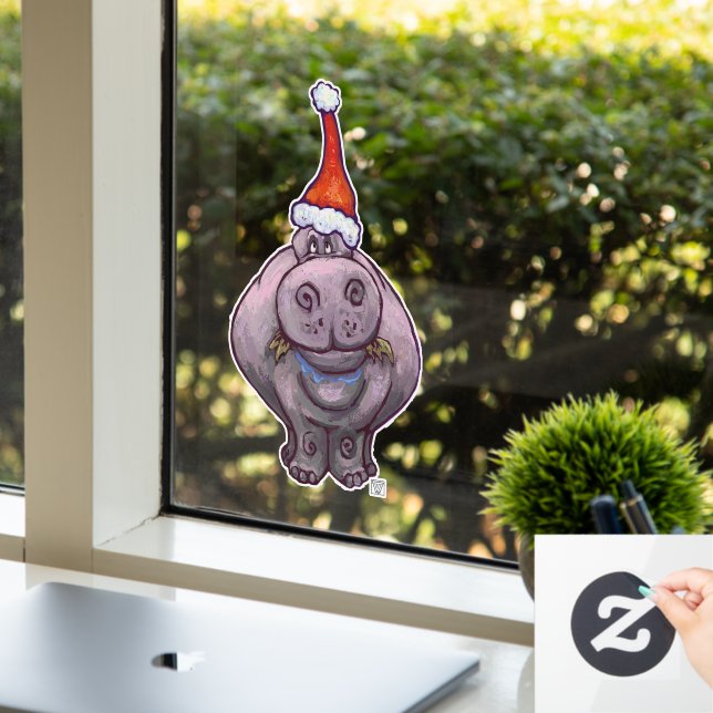 Hippo in a Santa Hat Christmas Window Cling (Office)