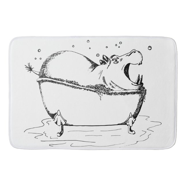 Hippo in Bath Fun Illustration Black Bath Mat (Front)