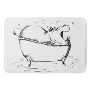 Hippo in Bath Fun Illustration Black Mat