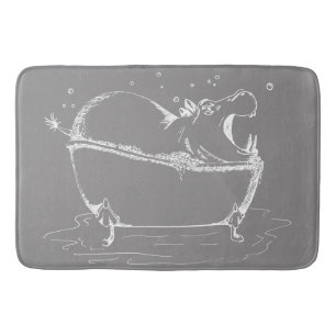 Hippo in Bath Fun Illustration Grey White Bath Mat