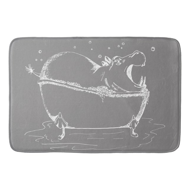 Hippo in Bath Fun Illustration Grey White Bath Mat (Front)