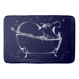 Hippo in Bath Fun Illustration Navy Mat
