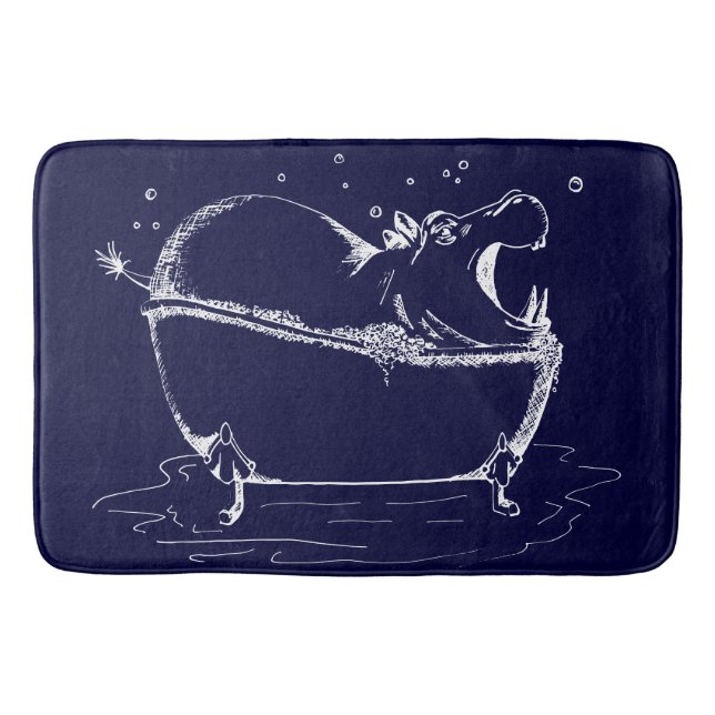 Hippo in Bath Fun Illustration Navy Mat (Front)