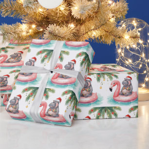 Hippo in Bikini at Christmas Pool Party Wrapping Paper