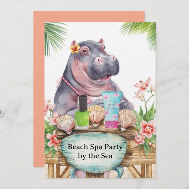  Hippo in Bikini Manicure Coastal Beauty beach spa Invitation (Front/Back)