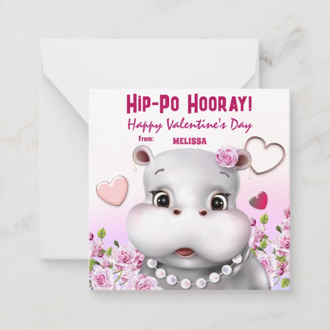 Hippo in Pearls Pink Floral Classroom Love Card (Front)