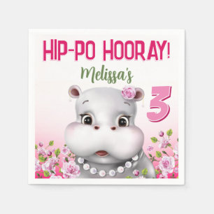 Hippo in Pearls Pink Floral Girl Birthday Napkin