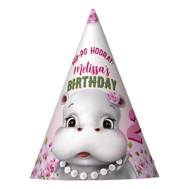 Hippo in Pearls Pink Floral Girl Birthday Party Hat (Front)