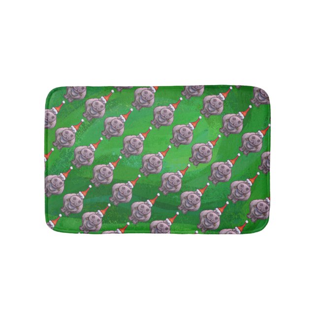 Hippo in Santa Hat Pattern On Green Bath Mat (Front)