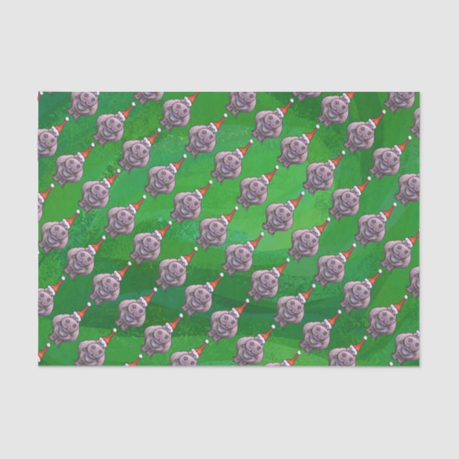 Hippo in Santa Hat Pattern On Green Tissue Paper (Front)