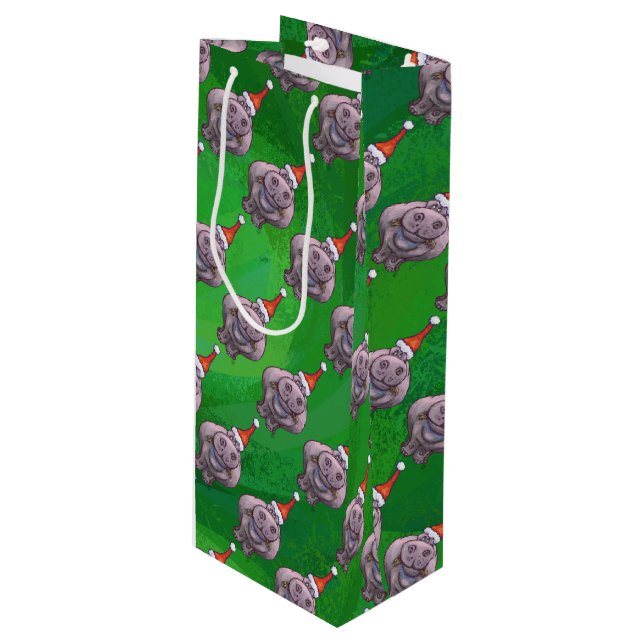Hippo in Santa Hat Pattern On Green Wine Gift Bag (Front Angled)