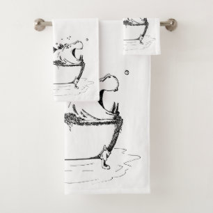 Hippo in the Bath Fun Illustration Black Towel Set