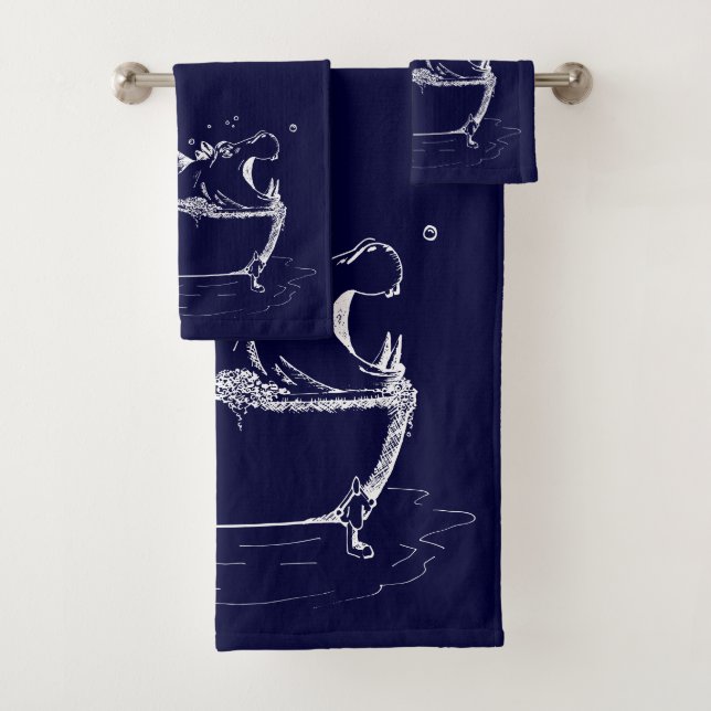 Hippo in the Bath Fun Illustration Navy Blue Bath Towel Set (Insitu)