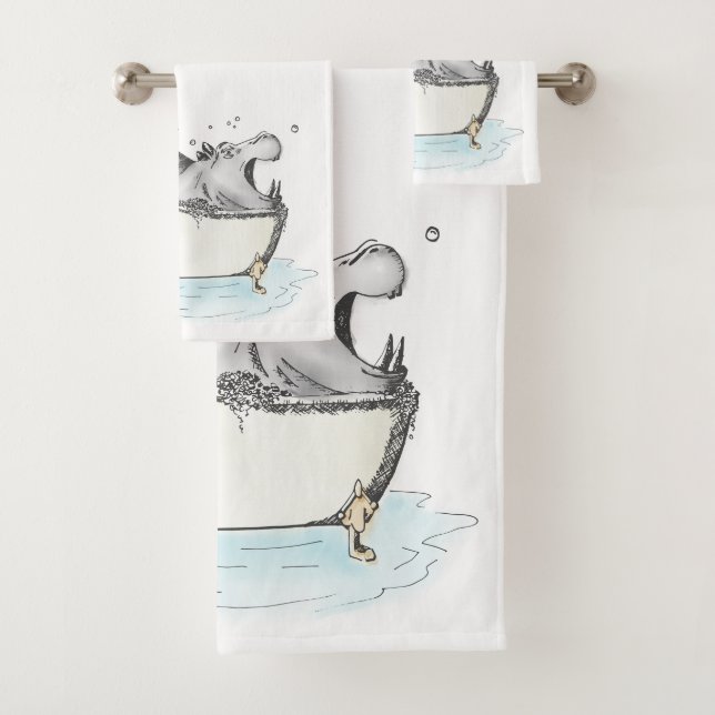 Hippo in the Bath Fun Illustration Watercolor Towel Set (Insitu)